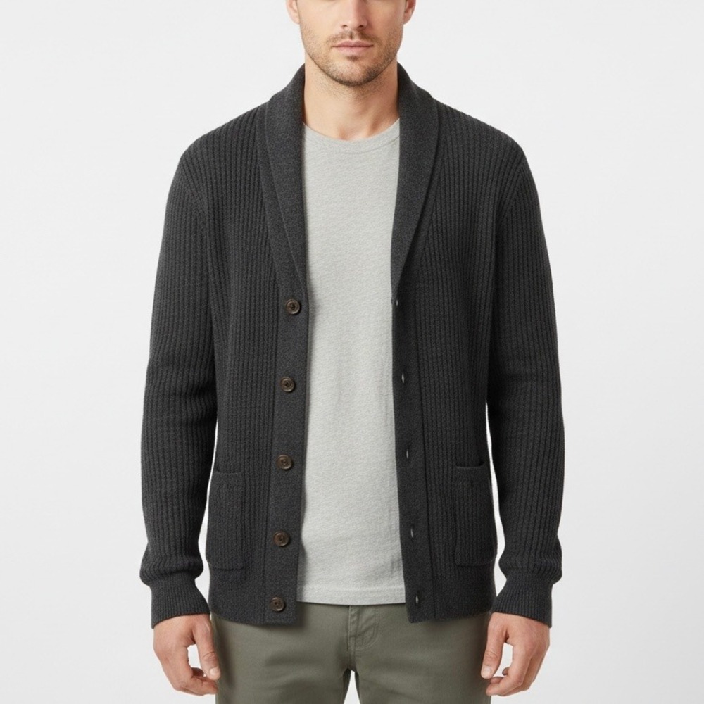 Rag & Bone Men's Wool Cashmere Shawl Collar Cardigan Grey Suede Elbow Patches S